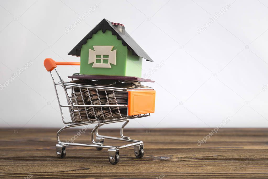 Concept of a house in a shopping trolley on a white background. Idea: buying a house, renting, selling real estate. Mortgage. Loan for housing.