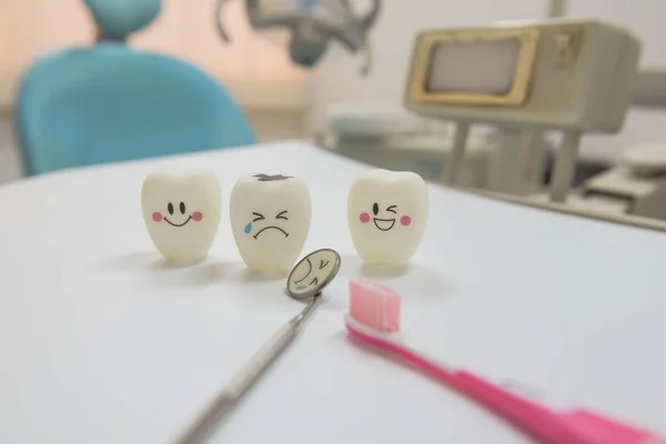 Model toys teeth and equipment in Dental room background.