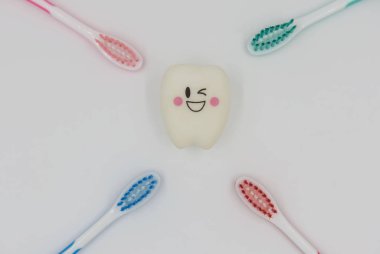 Beyaz bir arka plan üzerinde Diş Hekimliği Diş Üstten Görünüm modeli sevimli oyuncaklar