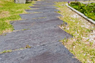 Bahçedeki çimlerin üzerine eğri geçit 