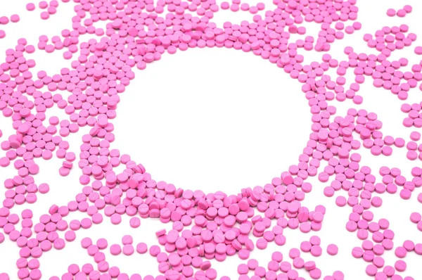 Roze Pil Cirkelframe Creatief Gezondheidszorg Geneeskunde Concept Geïsoleerd Een Witte — Stockfoto