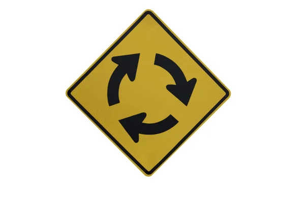 Κίτρινα Σημάδια Κυκλοφορίας Δεξιά Κυκλικό Κόμβο Απομονωμένη Στο Λευκό Φόντο — Φωτογραφία Αρχείου