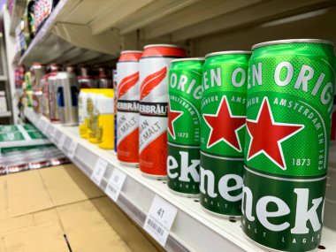  Bangkok, Thailand - January 11, 2020 : different kinds of alcohol in the supermarket . whiskey and brandy brands for cocktail and drink. January 11, 2020 in Bangkok, Thailand.