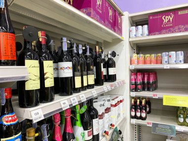  Bangkok, Thailand - January 11, 2020 : different kinds of alcohol in the supermarket . whiskey and brandy brands for cocktail and drink. January 11, 2020 in Bangkok, Thailand.