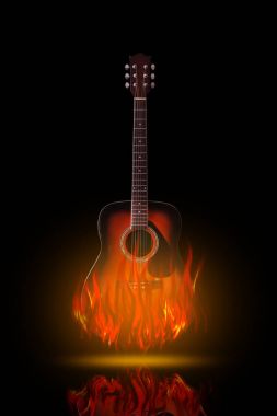 Siyah arka plan üzerine yanıyor akustik gitar