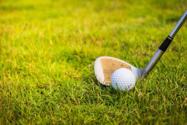 Golf sopası ve top çimenlerde.