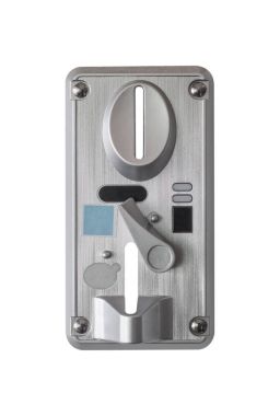 Madeni para kutusu kesici beyaz arka plan.