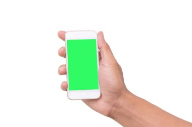 Dikey içinde yeşil ekran ile hareket eden smartphone varsaymak el gösterir