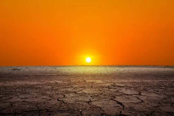 Coucher de soleil doré dans un désert. Sol sec et assoiffé . — Photo