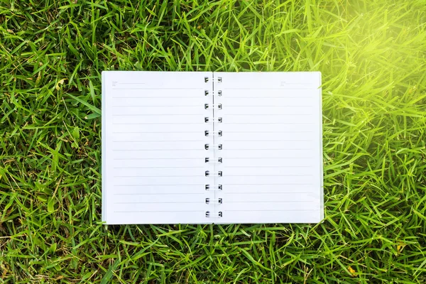 Порожній спіральний блокнот з лінійним папером на зеленій траві — стокове фото