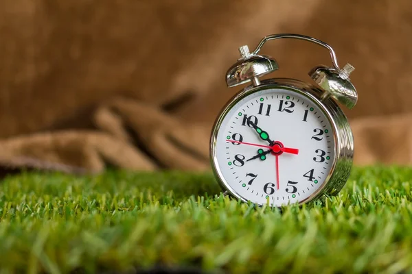 Reloj despertador por la mañana en la hierba —  Fotos de Stock
