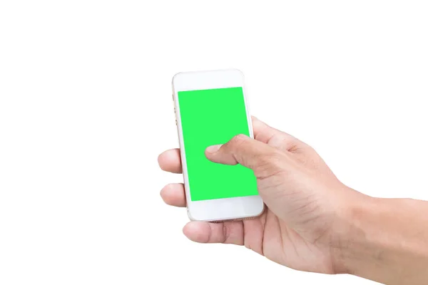 Hand zeigt Mobiltelefon mit grünem Bildschirm in senkrechter Position — Stockfoto