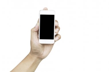 Beyaz arkaplanda el ele tutuşan cep telefonu
