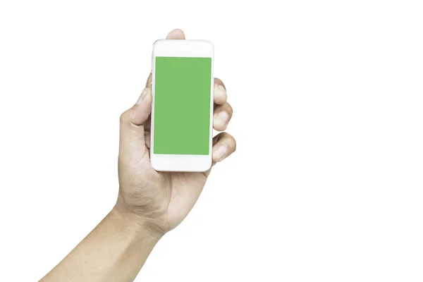 Mano mostra smartphone mobile con schermo verde in posizione verticale isolato su sfondo bianco — Foto Stock