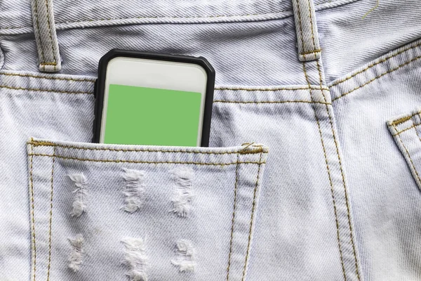 jeans and mobile phone green screen. Phone in your pocket jeans