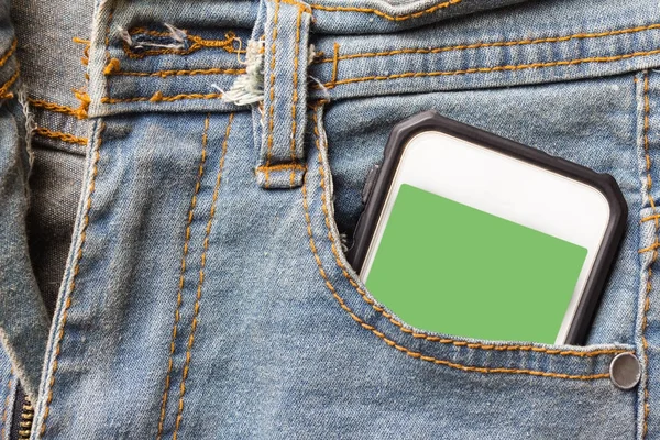 jeans and mobile phone green screen. Phone in your pocket jeans
