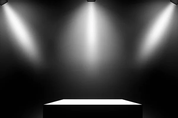 Zwarte podium. Voetstuk. Scène. Middelpunt van de belangstelling. — Stockfoto