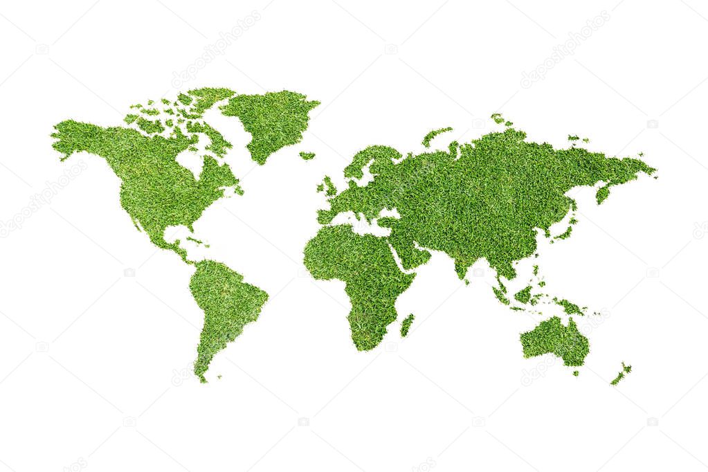 Ecological map of the world in green grass isolated on white background. Realistic high-resolution 3d illustration.