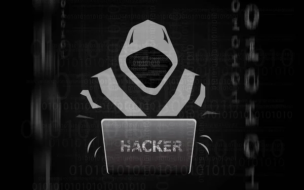 Hacker-Mann im Kapuzenpulli mit Laptop flach auf dunklem Hintergrund — Stockfoto