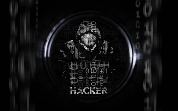 Hacker-Mann im Kapuzenpulli mit Laptop flach auf dunklem Hintergrund — Stockfoto