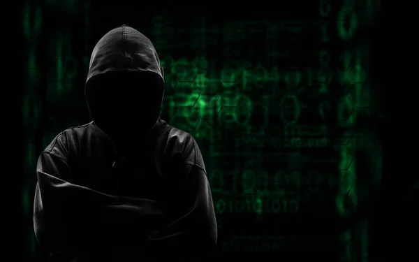 Silhouette of a hacker uses a command on graphic user interface — Stock Photo, Image