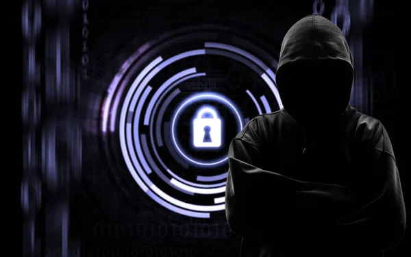 Silhouette eines Hackers auf schwarz mit binären Codes auf ba — Stockfoto
