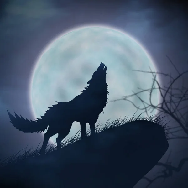 狼的嚎叫和满月 — 图库照片