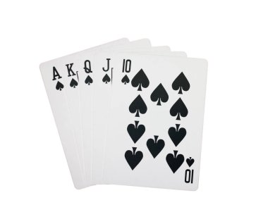 Royal flush, beyaz arka plan üzerinde fiş kartları