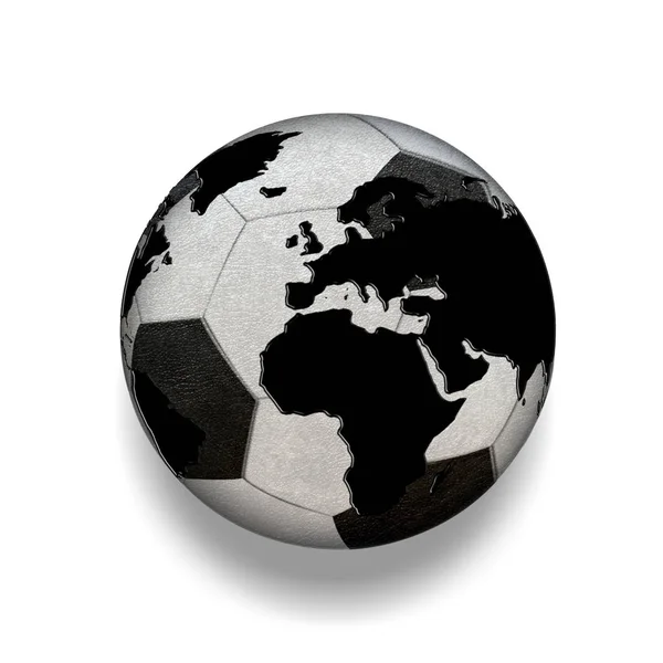 3D isolato Pallone da calcio bianco e nero con mappa del mondo, mondo — Foto Stock