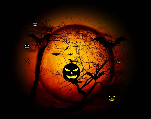 Halloween-Nacht, Vollmond und Fledermäuse. — Stockfoto