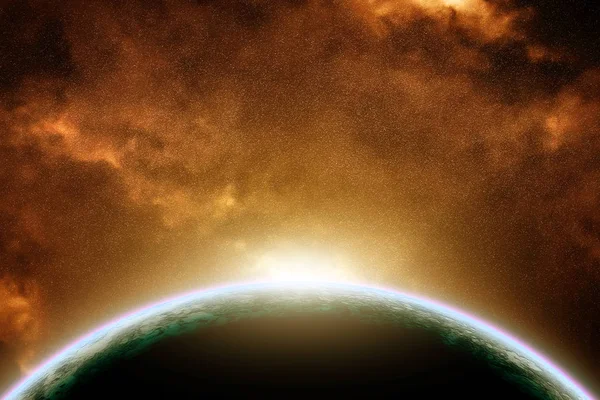 Vista do planeta Terra do espaço durante uma renderização 3D do nascer do sol — Fotografia de Stock