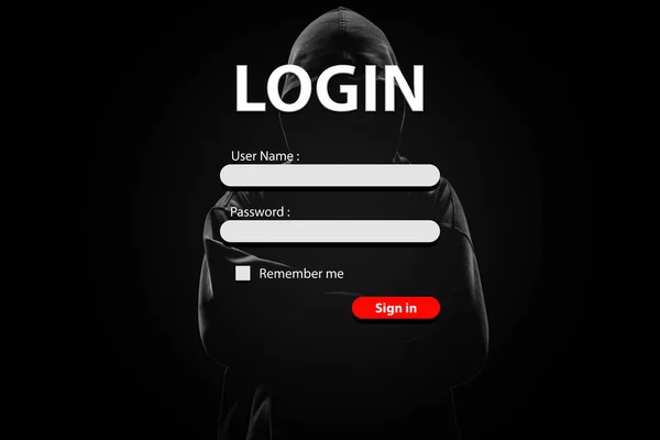 Login form and hacker with lock on dark background. — Stock Photo, Image