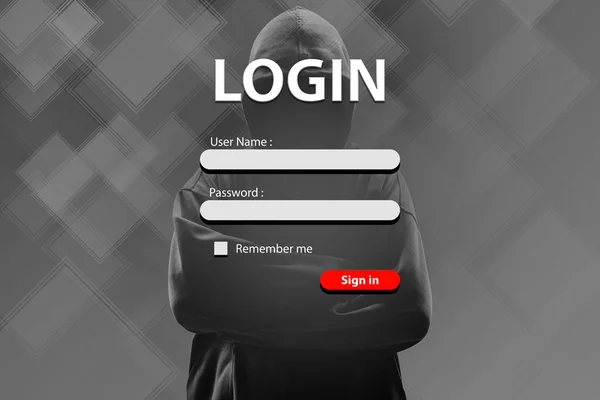 Login form and hacker with lock on dark background. — Stock Photo, Image