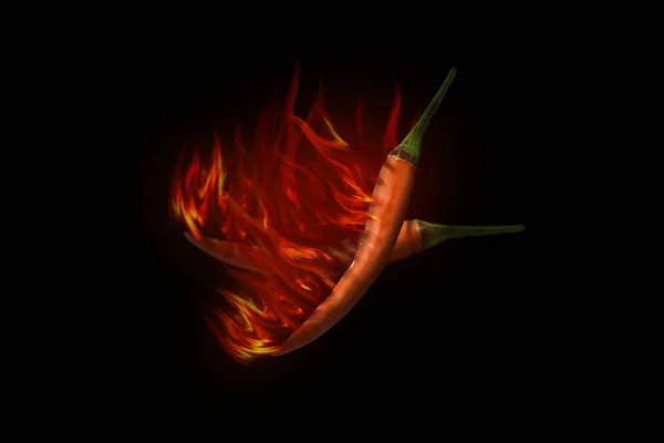 Червоний гострий перець чилі на чорному тлі з полум'ям — стокове фото