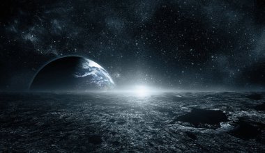 Moon surface and Earth on the horizon. Space art fantasy blue co clipart