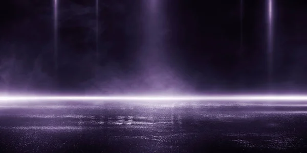 3D soyut karanlık sahne mavi projektör ışığı ıslak asfalt duman gece görüşü ışınları.