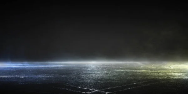 Візуалізація Мокрого Асфальту Відображення Неонових Ліхтарів Прожектора Диму Абстрактне Світло — стокове фото