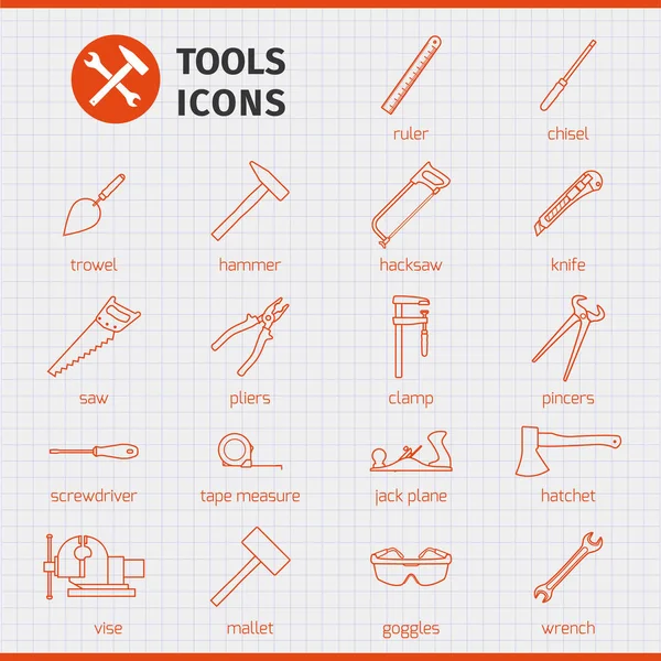 Zarys zestaw ikon web - budowlane narzędzia ręczne do pracy w domu i w ogrodzie. — Wektor stockowy