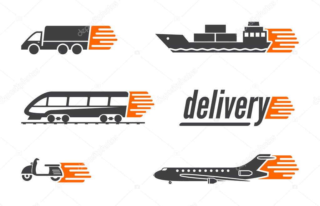 Set of delivery transport icons, truck, ship, train, plane, scooter - vector illustration.