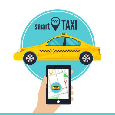 Akıllı taksi hizmet anlayışı. Smartphone ile taksi hizmeti uygulaması bir ekranda sarı taksi, sokak harita ve konum işaretçisi.