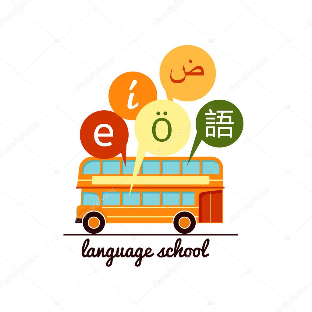 Vector illustration of languages school icon. Speech bubbles with letters of foreign alphabet. Foreign languages learning sign. Flat vector yellow school bus illustration isolated on white background.