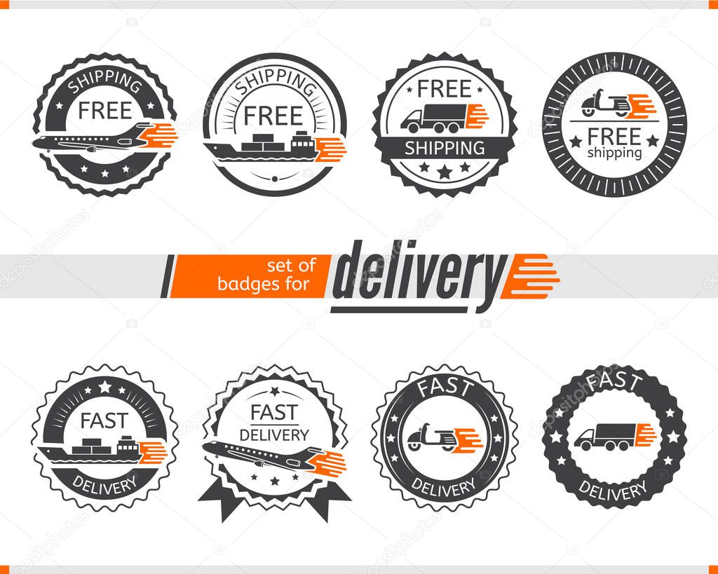 Set of badges for delivery transport, truck, ship, plane, scooter for apps and websites isolated on white background. 