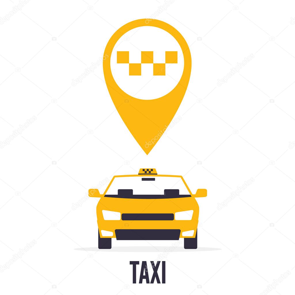 Taxi car on white background and yellow gps pointer map with taxi icon. 