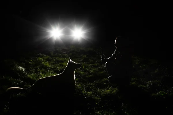 Silhueta de homem e cão nos faróis — Fotografia de Stock