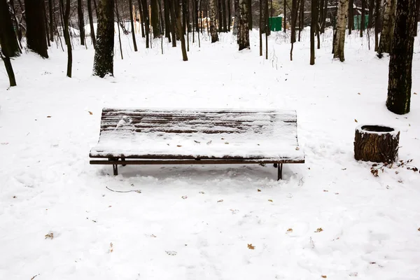 Neve no banco no parque de inverno — Fotografia de Stock