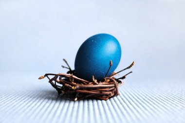 Mavi arka plan üzerinde yuvadaki Paskalya yortusu yumurta