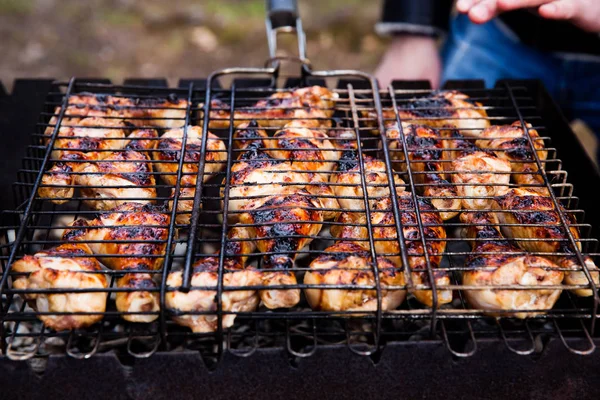 Shashlik pollo marinado preparándose en una parrilla de barbacoa sobre carbón — Foto de Stock