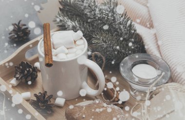 Kakao, kremalı sıcak çikolata ve tarçın, ladin kepeği