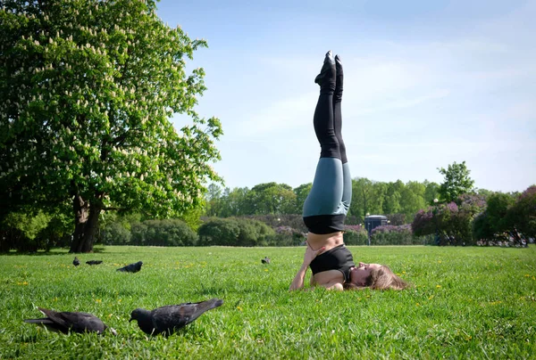 Smukła kobieta uprawia jogę w parku w słoneczny dzień, dziewczyna jest — Zdjęcie stockowe