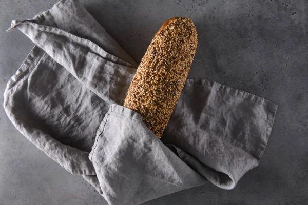 Loaf Rye Grain Bread Grains Gray Napkin Gray Background Baking — Stock Photo, Image